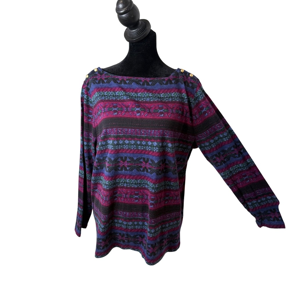 Ralph Lauren Fair Isle Top Womens 1X Gold Crest Buttons Heritage Preppy Cozy